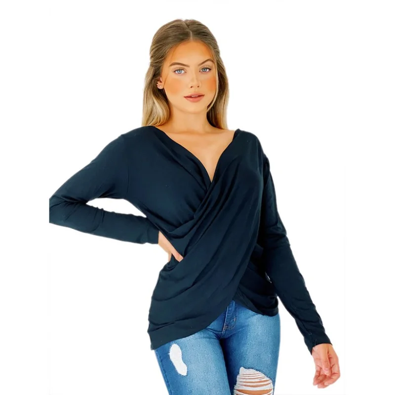 Blusinha Feminina Decotada Manga Longa Transpassada Cruzada em Cores Variadas Vermelho