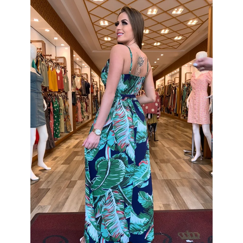 Verão 2021, vestido longo estampado alcinha Azul com amarelo