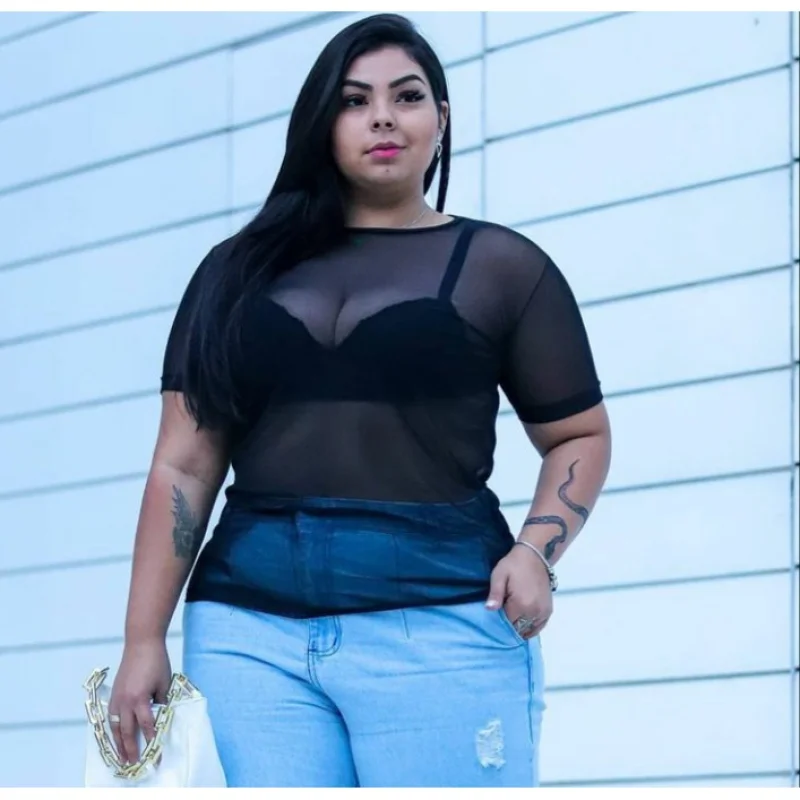 Manga Curta Blusa Plus Size Feminina Tule Transparente Branca