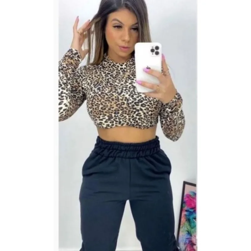 Top Cropped manga longa zebra com bojo Tam u - moda gringa Preto
