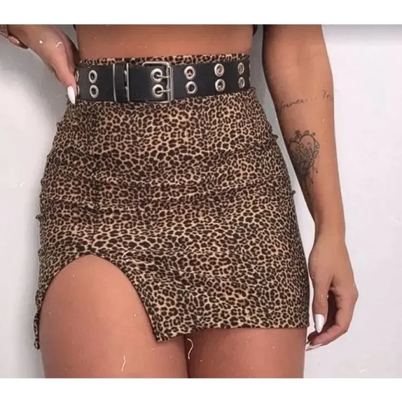 Saias curtas femininas com fenda sexy, mini saia ANIMAL PRINT/ONCINHA