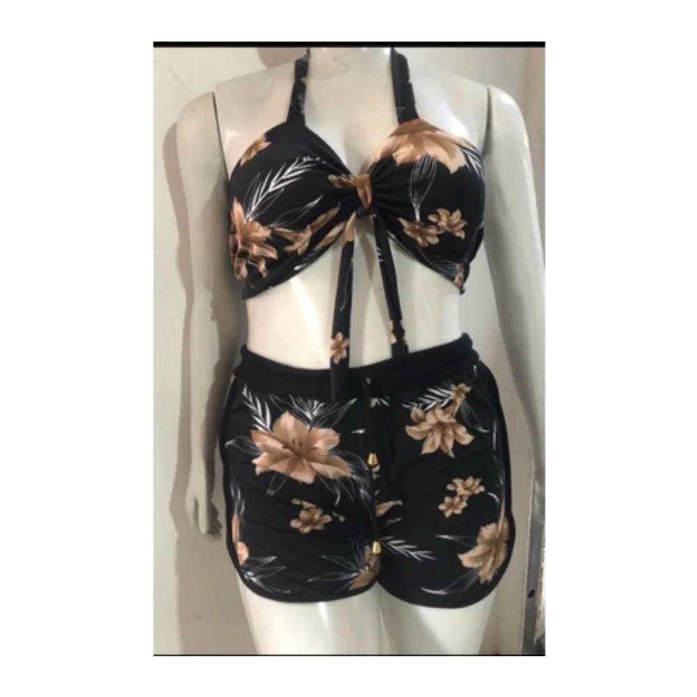 Biquíni estampado orquídea com shorts de cintura alta - Conjunto feminino de três peças 6 PINK