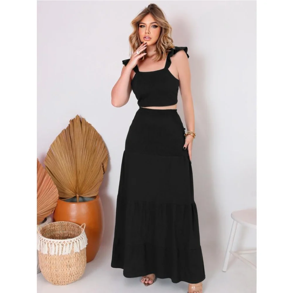 Moda feminina: Saia Longa + Cropped Top Casual Longo Preto