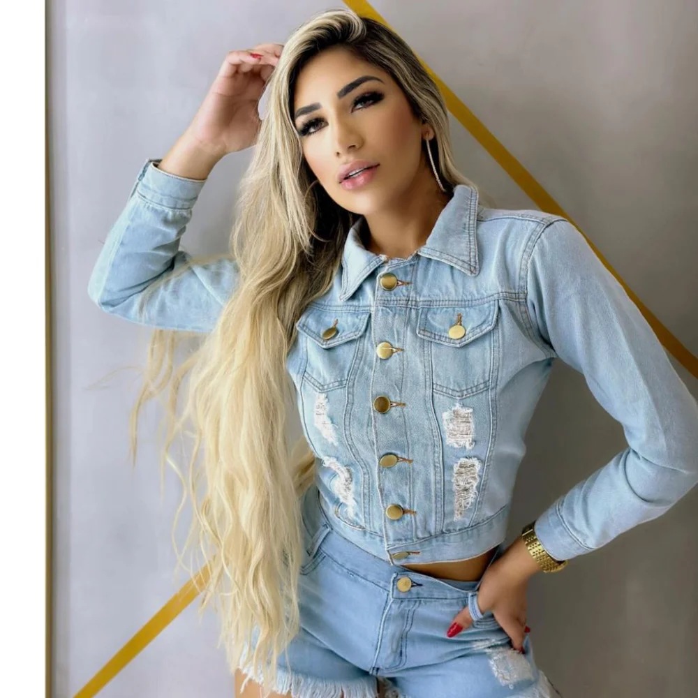 Estilo Moto Jaqueta Jeans Feminina de Inverno JEANS ESCURO