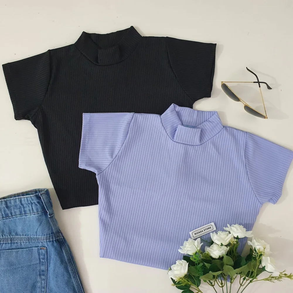 Cores Cropped Manga Curta Feminina - Top Gola Alta Canelada Pink