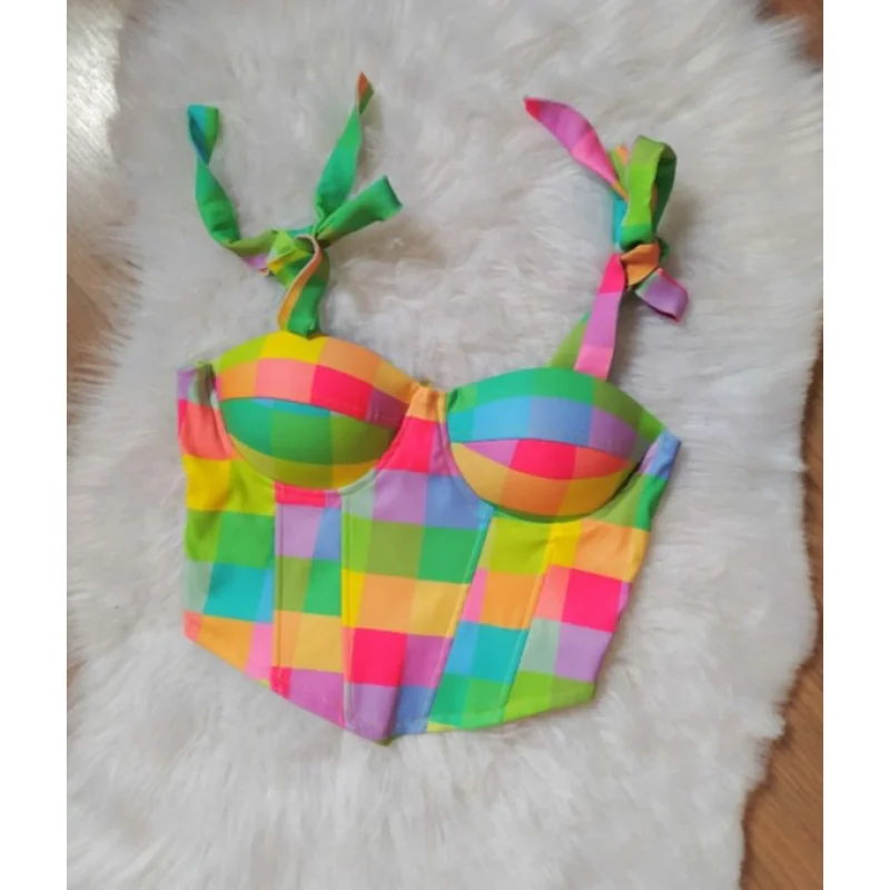 Corset com bojo floral onça amarrar no ombro, colorido e candy colors 5-bolinha candy