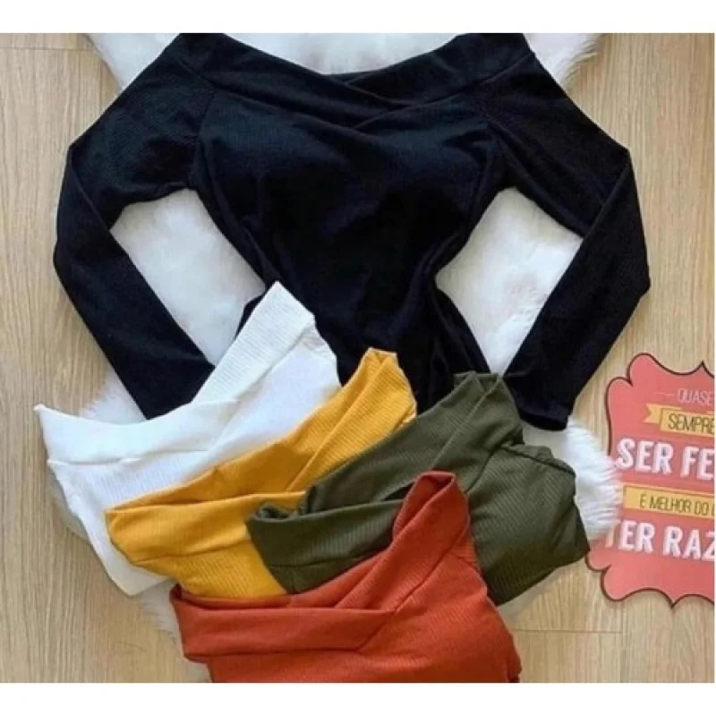 Blusinha Feminina Ombro a Ombro Manga Longa Canelada Bordô