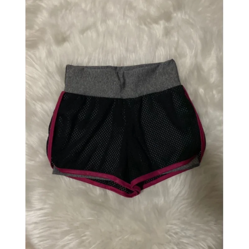 Roupa de Treinar Feminina Short Duplo Suplex com Tela Preto com viés pink