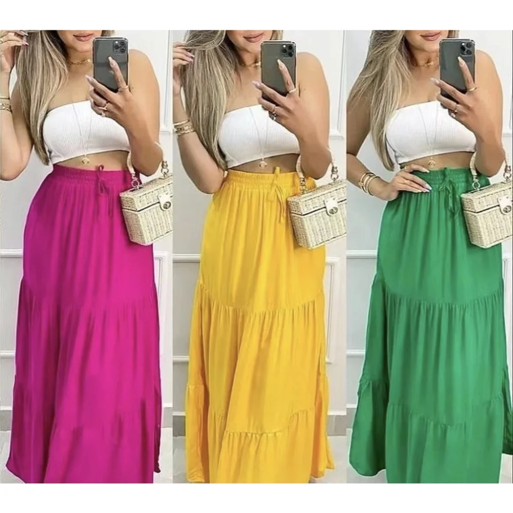 Saia longa de viscose feminina, liso cor verão Preto