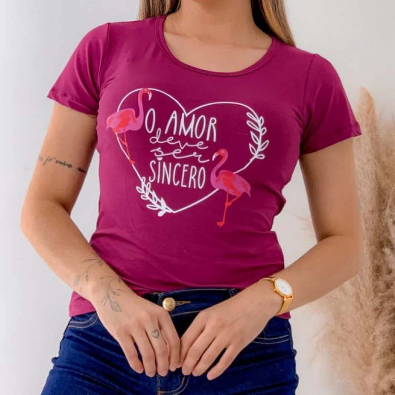Camiseta Feminina Manga Curta Flamingo T-shirt Marinho