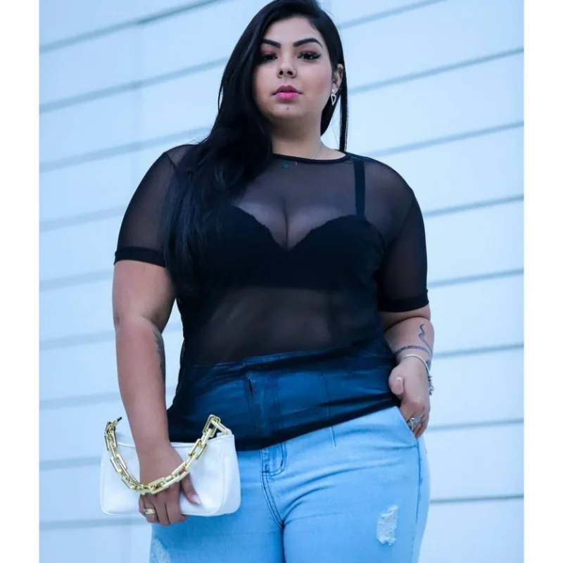 Manga Curta Blusa Plus Size Feminina Tule Transparente Branca
