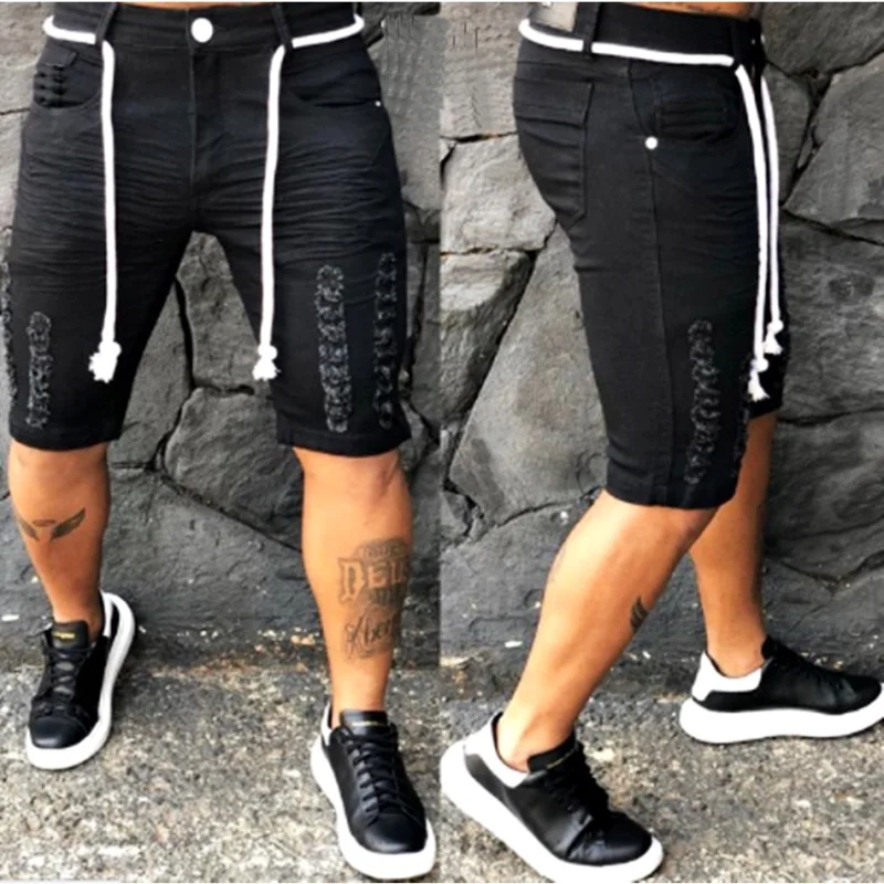 Bermuda Rasgada Destroyed Slin com Cordão - Jeans Justinha Preta
