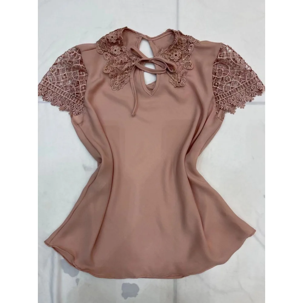 Renda Crepe Blusa Manga Curta Feminina Evangélica Pink