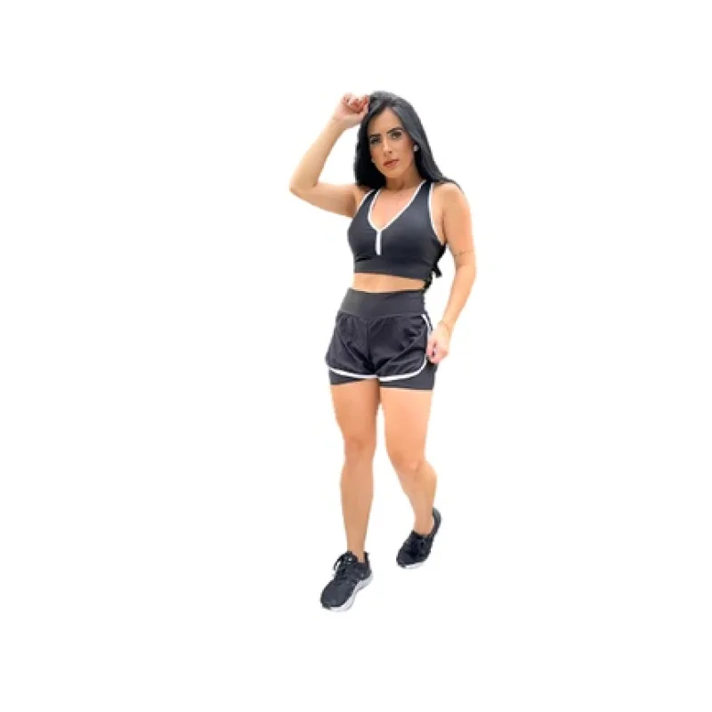 Roupa de Treinar Feminina Short Duplo Suplex com Tela Preto com viés pink