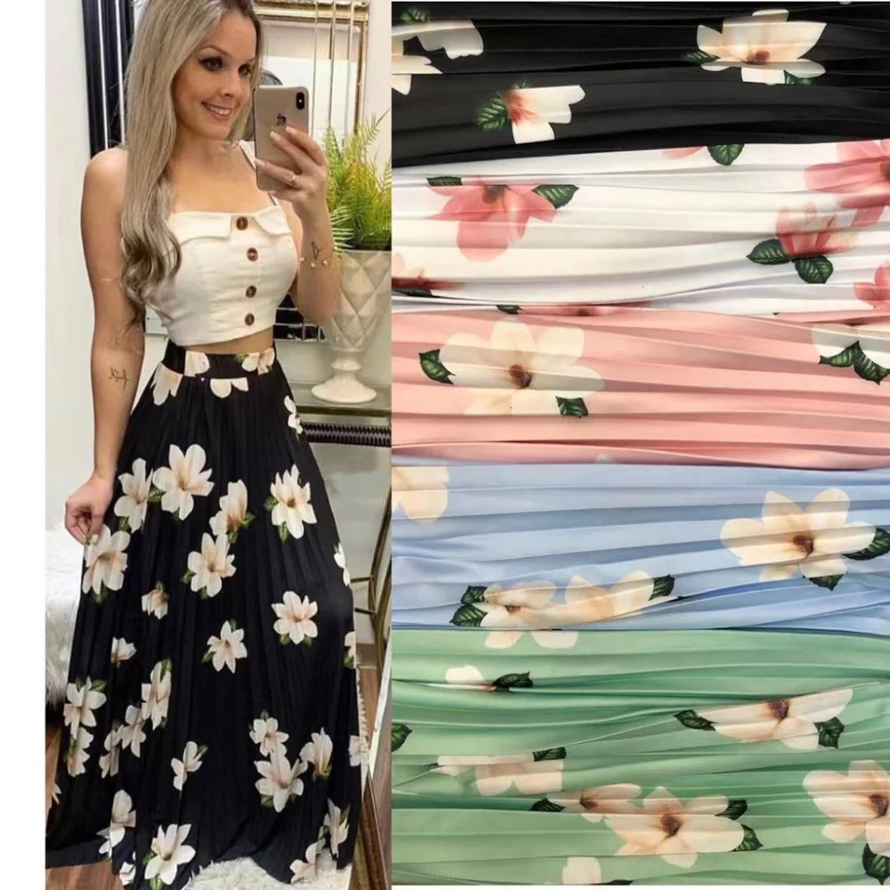 Floral Plissada Saia Longa Evangélica - Código 005 Verde água