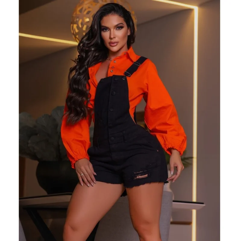 Short Feminina Plus Size Jardineira Preta 36 ao 46 38