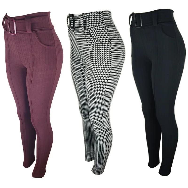 Veste Super Bem Calça Feminina Xadrez Skinny com Cinto Vinho