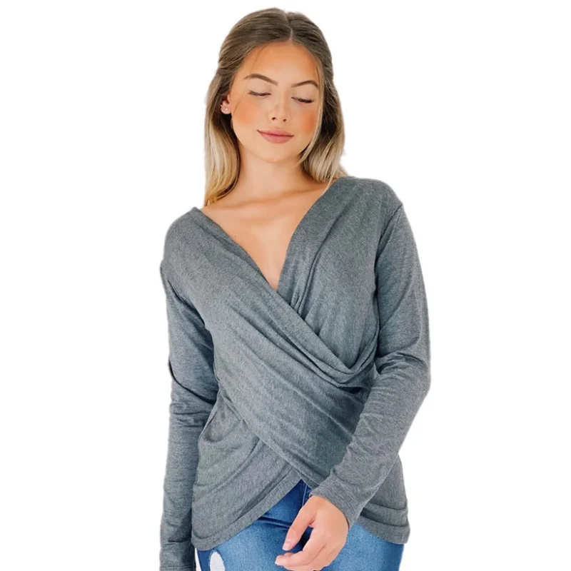 Blusinha Feminina Decotada Manga Longa Transpassada Cruzada em Cores Variadas Vermelho