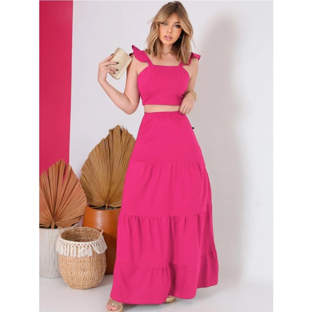 Moda feminina: Saia Longa + Cropped Top Casual Longo Preto