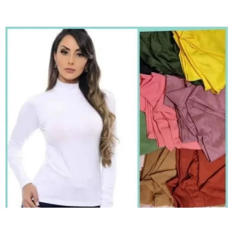 Malha Canelada Blusa Manga Longa Gola Alta Inverno Feminina (Inovastilo) Azul Marinho