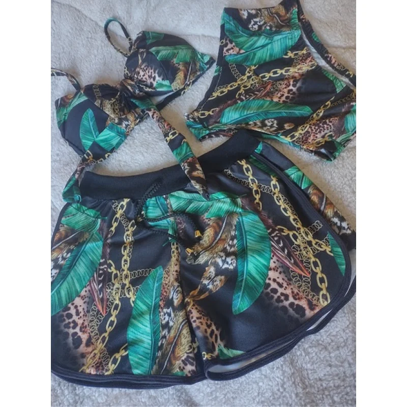 Biquíni estampado orquídea com shorts de cintura alta - Conjunto feminino de três peças 6 PINK