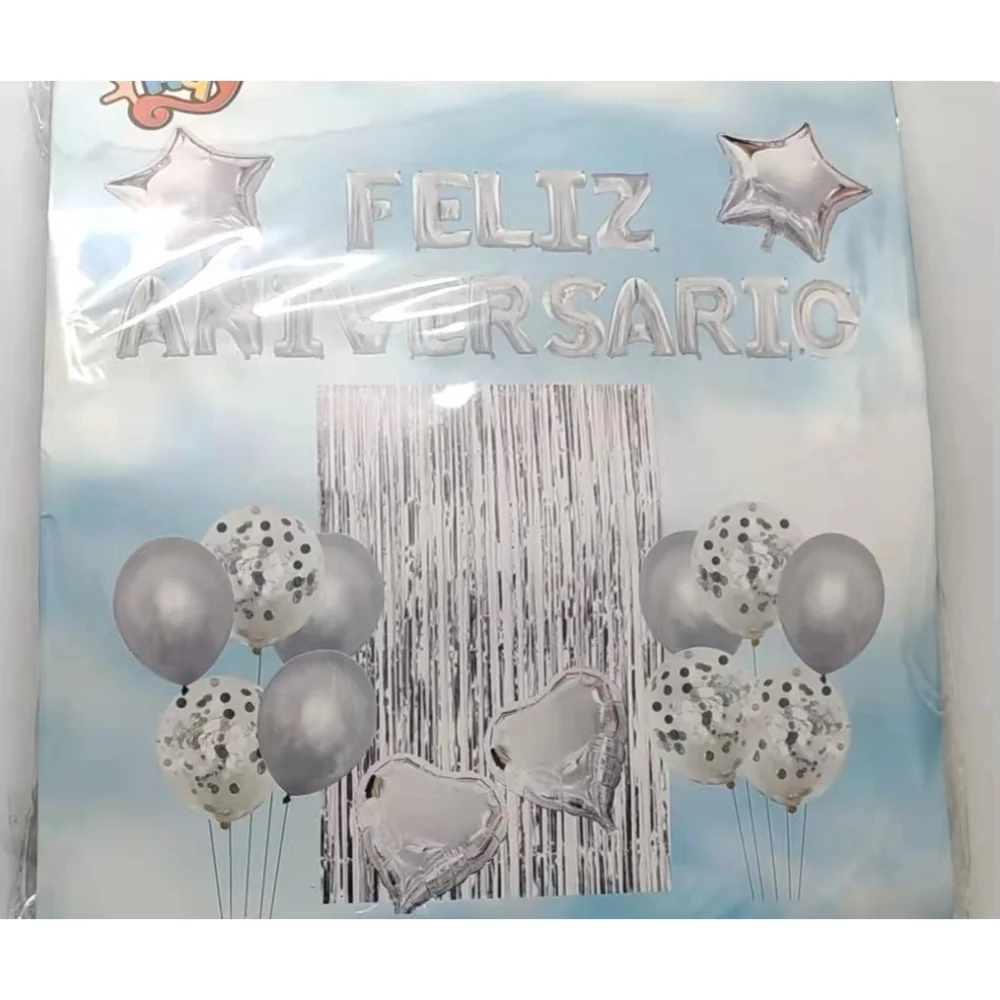 Cortina de Borla de Festa - Kit com 30 Balões Feliz Aniversário Coração Estrela Bexiga Prata