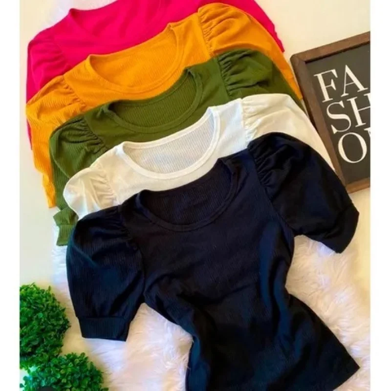 Blusa Princesa Feminina Manga Curta Canelada Cinza