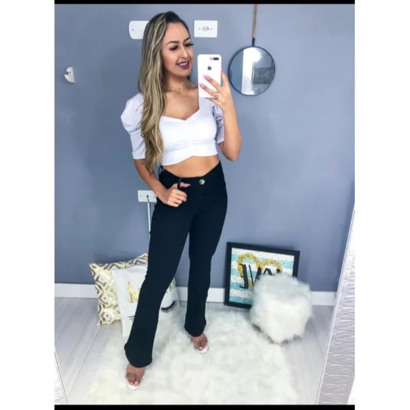 Cintura alta preta flare: calça de moda feminina 38