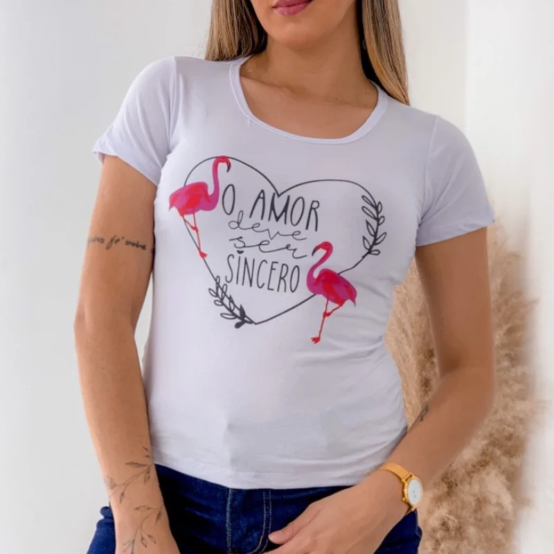 Camiseta Feminina Manga Curta Flamingo T-shirt Marinho