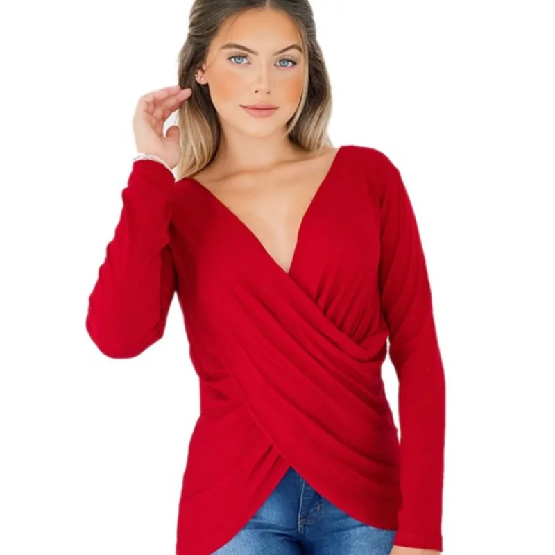 Blusinha Feminina Decotada Manga Longa Transpassada Cruzada em Cores Variadas Vermelho