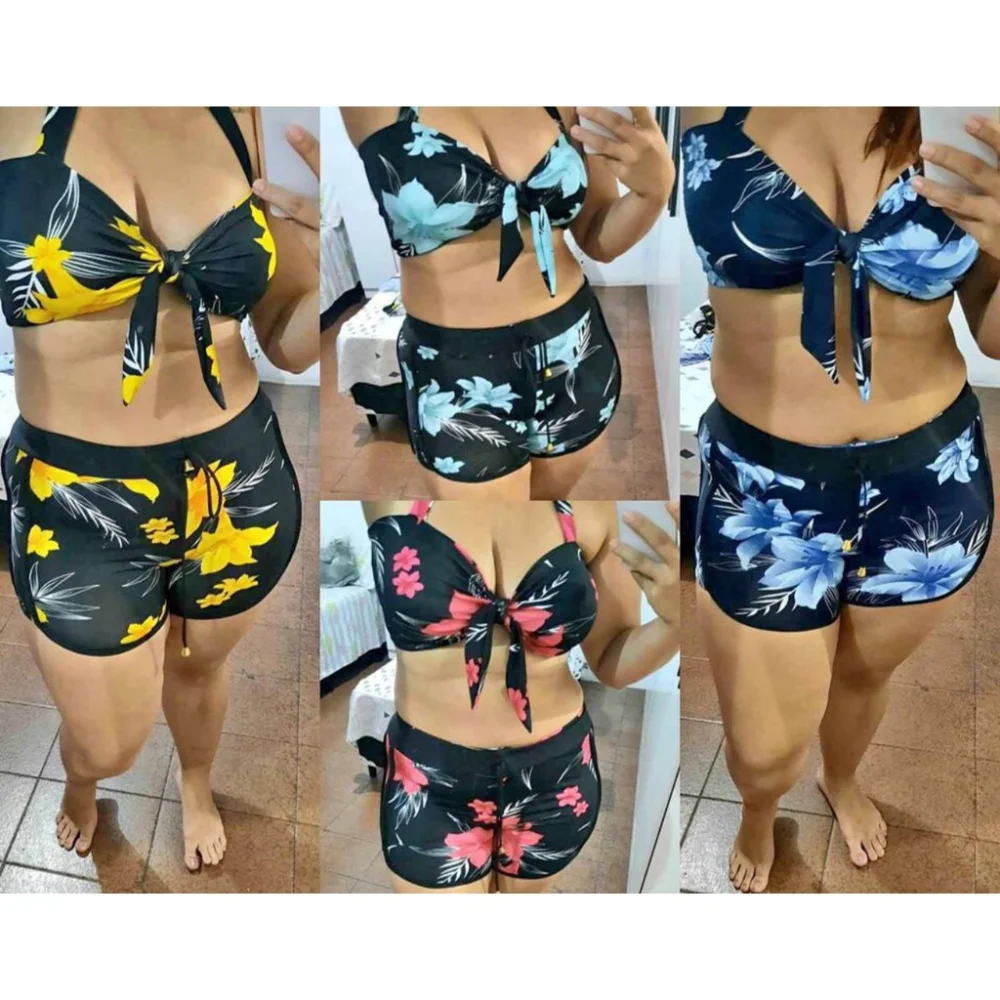 Biquíni estampado orquídea com shorts de cintura alta - Conjunto feminino de três peças 6 PINK