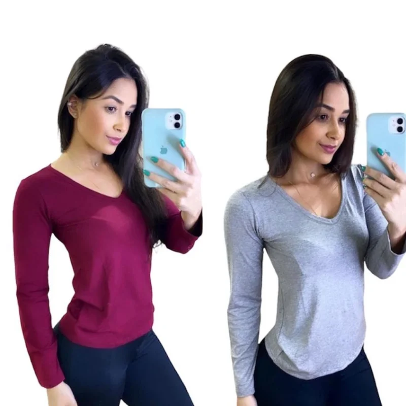 Blusa Gola V Segunda Pele Manga Longa Feminina Cinza
