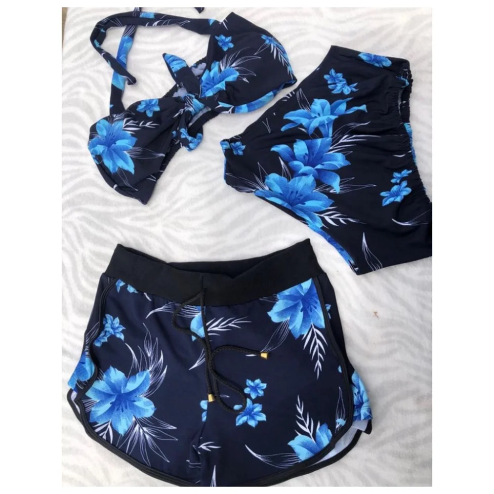 Biquíni estampado orquídea com shorts de cintura alta - Conjunto feminino de três peças 6 PINK