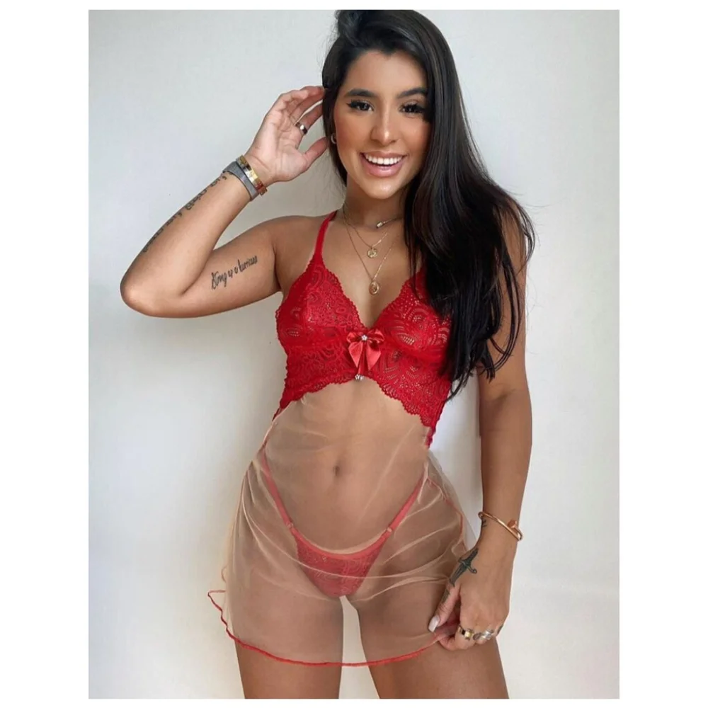Moda Íntima - Camisola Sensual em Tule e Renda com Calcinha Fio Dental P