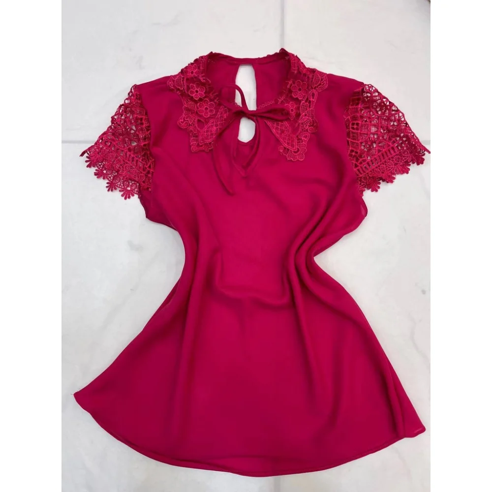 Renda Crepe Blusa Manga Curta Feminina Evangélica Pink