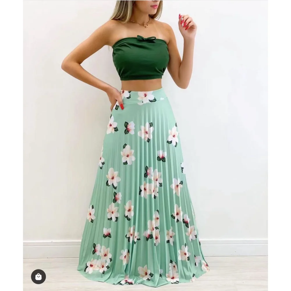 Floral Plissada Saia Longa Evangélica - Código 005 Verde água