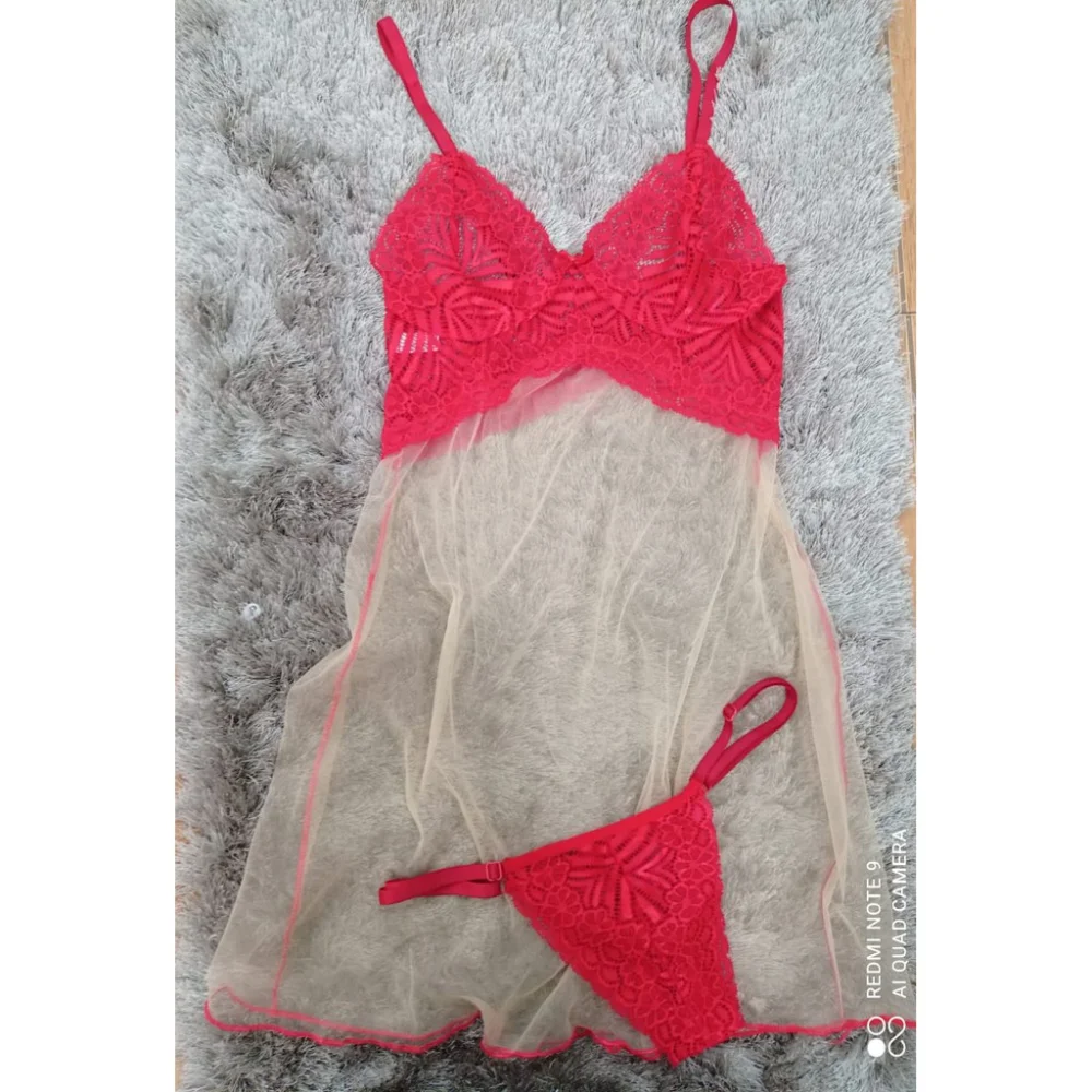Moda Íntima - Camisola Sensual em Tule e Renda com Calcinha Fio Dental P