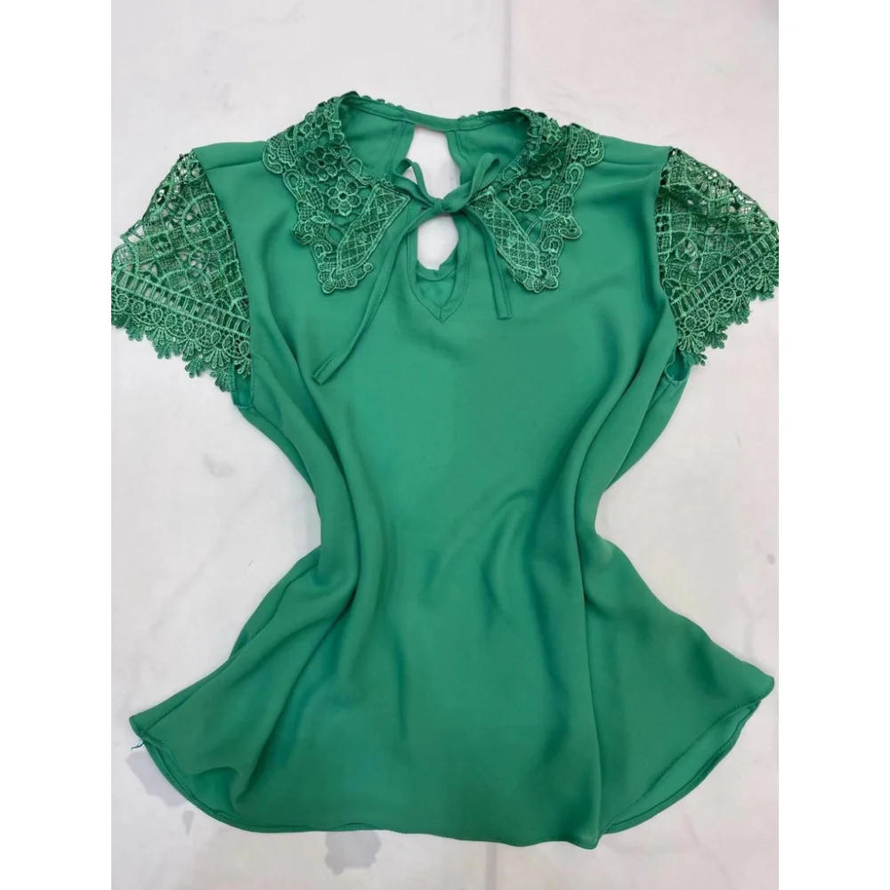 Renda Crepe Blusa Manga Curta Feminina Evangélica Pink