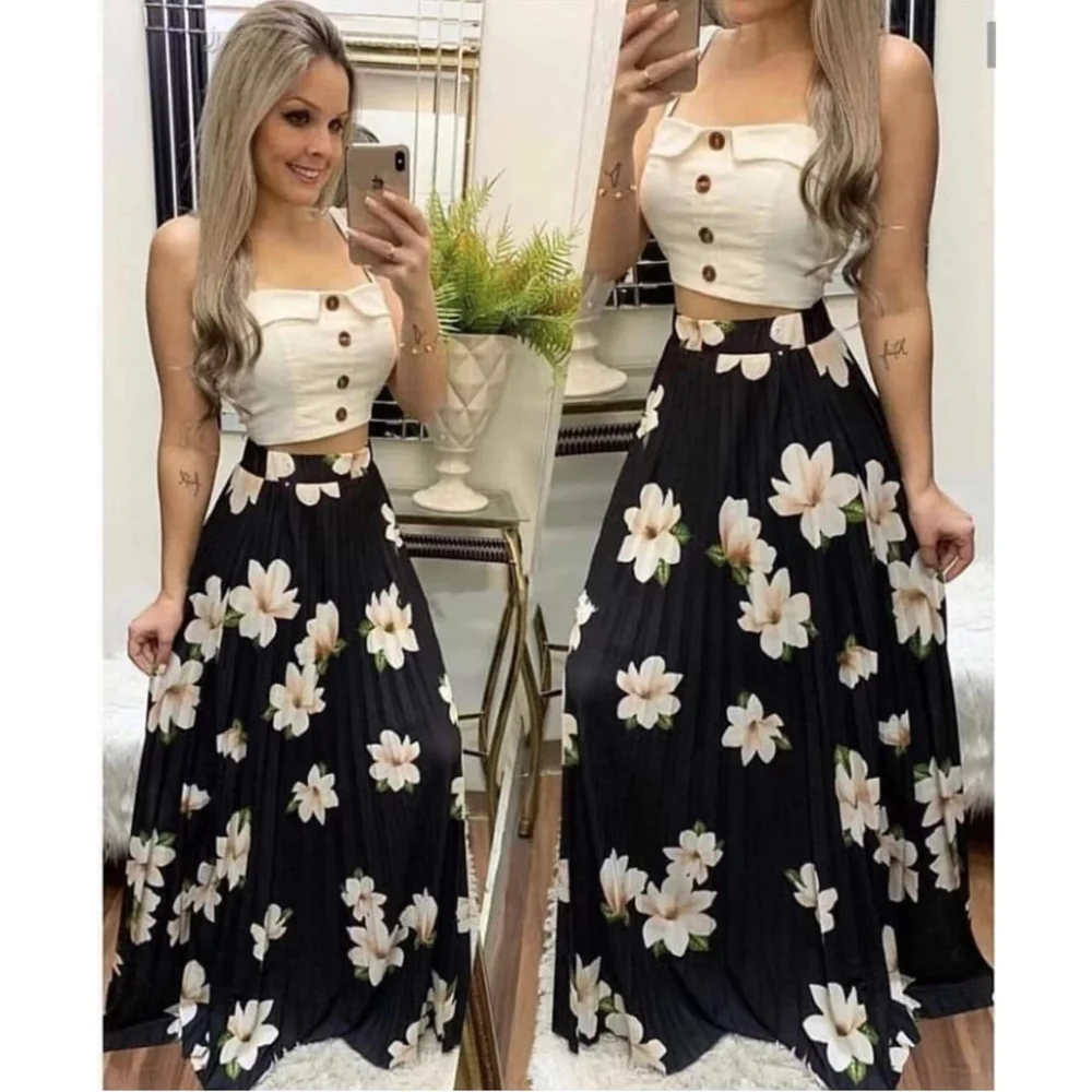 Floral Plissada Saia Longa Evangélica - Código 005 Verde água