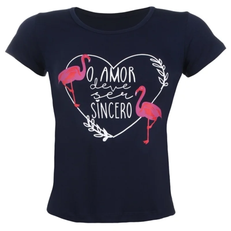 Camiseta Feminina Manga Curta Flamingo T-shirt Marinho