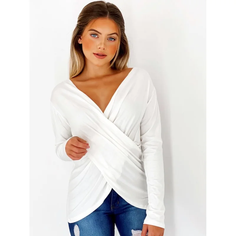 Blusinha Feminina Decotada Manga Longa Transpassada Cruzada em Cores Variadas Vermelho