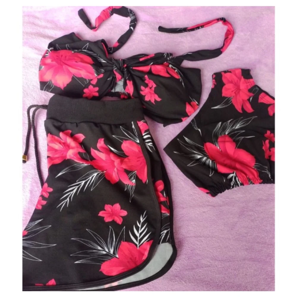Biquíni estampado orquídea com shorts de cintura alta - Conjunto feminino de três peças 6 PINK