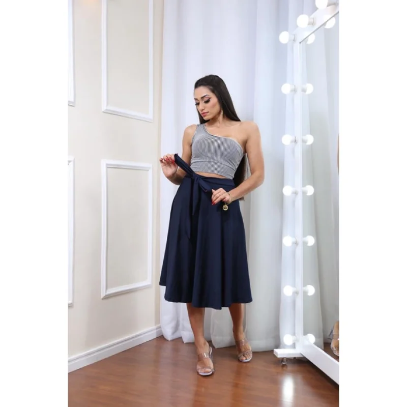 Moda Feminina Evangélica - Saia Midi Godê com Laço Preto