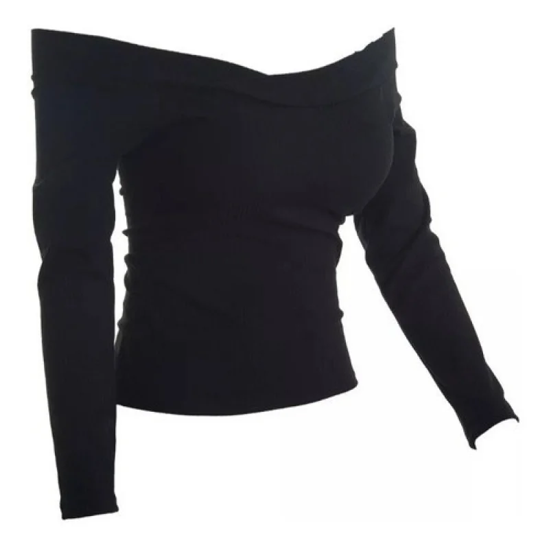 Blusinha Feminina Ombro a Ombro Manga Longa Canelada Bordô