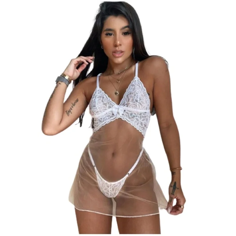 Moda Íntima - Camisola Sensual em Tule e Renda com Calcinha Fio Dental P