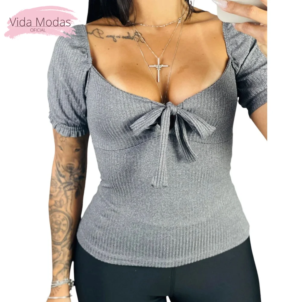 Moda Evangelica - Blusa Feminina Manga Curta para Amamentação Cinza