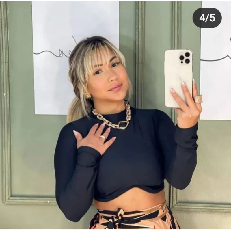 Top Cropped manga longa zebra com bojo Tam u - moda gringa Preto