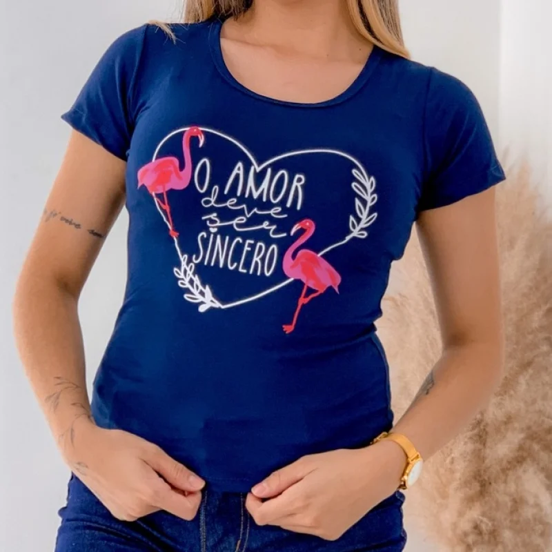 Camiseta Feminina Manga Curta Flamingo T-shirt Marinho