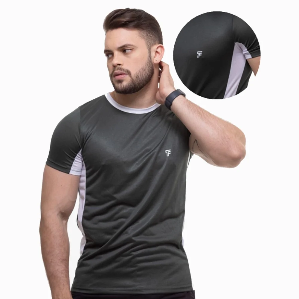 Blusa Leve Camiseta Masculina Fitness Treino Academia Faixa Lateral Verde Militar