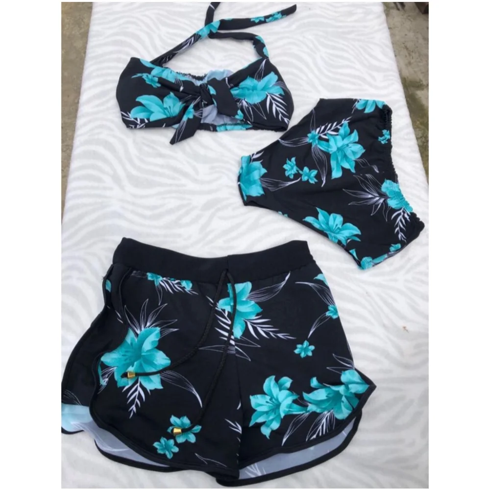 Biquíni estampado orquídea com shorts de cintura alta - Conjunto feminino de três peças 6 PINK